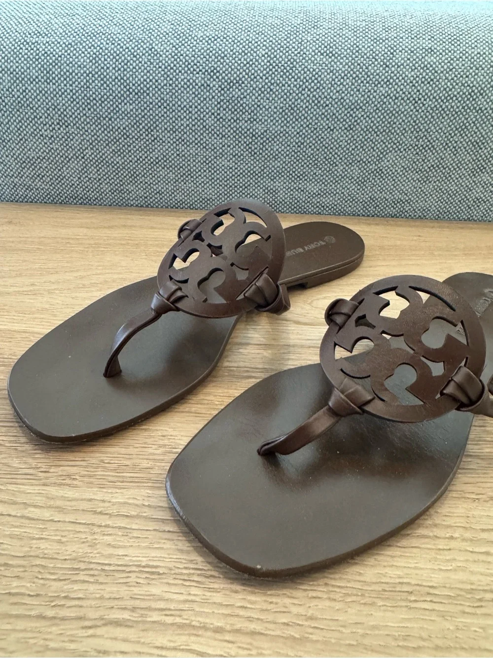 Tory Burch Brown Leather Logo Thong Sandals
